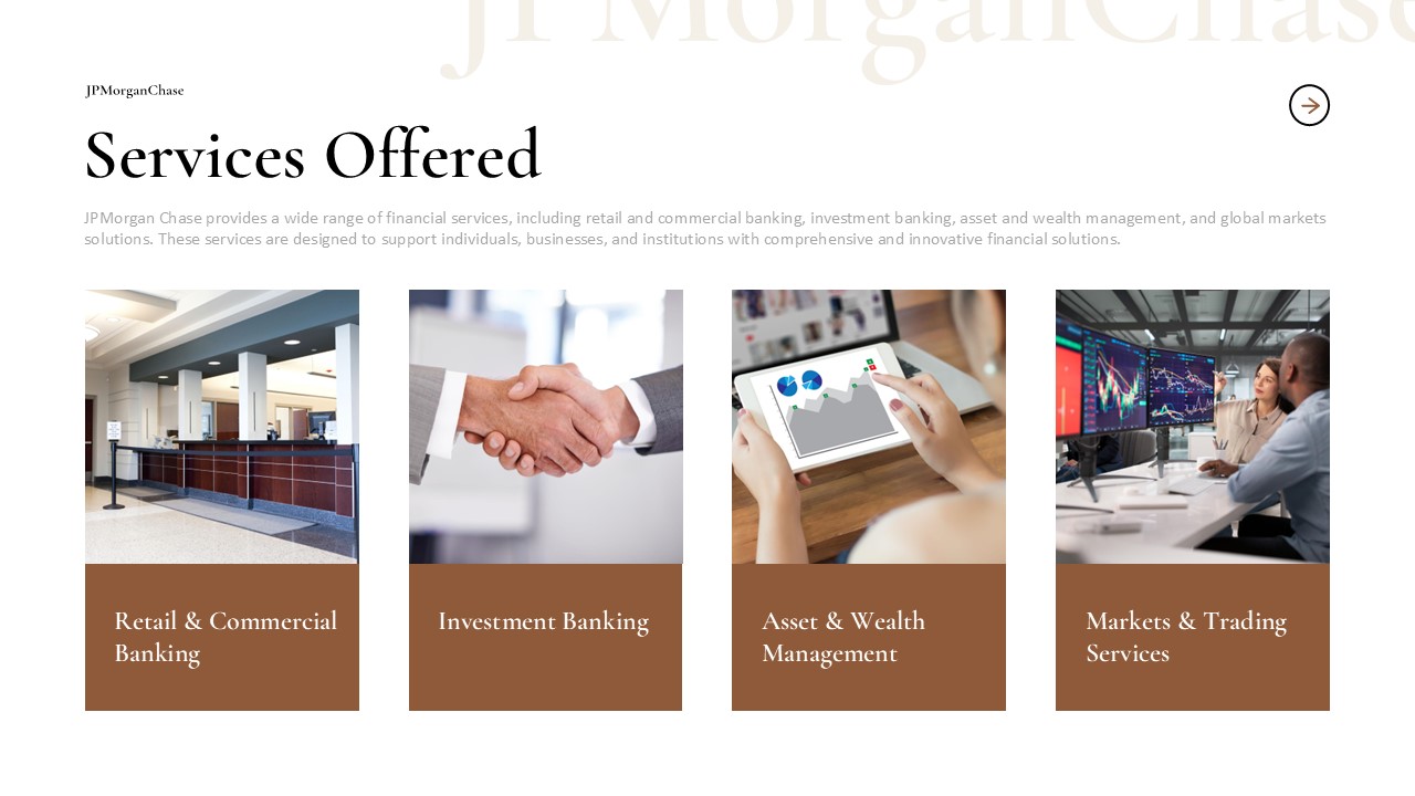 JPMorgan Chase services slide to showcase banking and financial service offerings