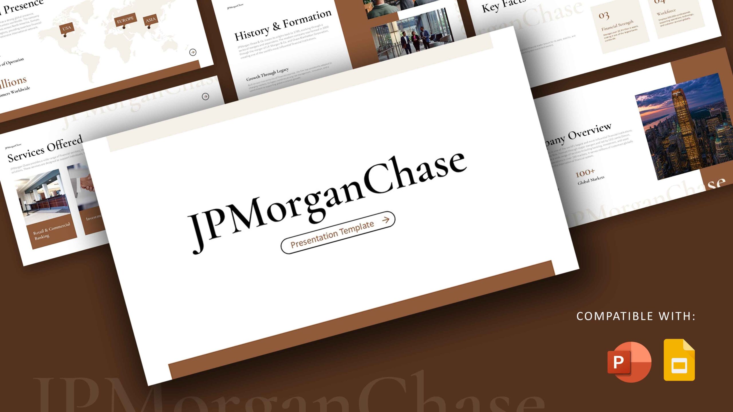 JPMorgan Chase template showcase displaying 11 professional slides for corporate presentations