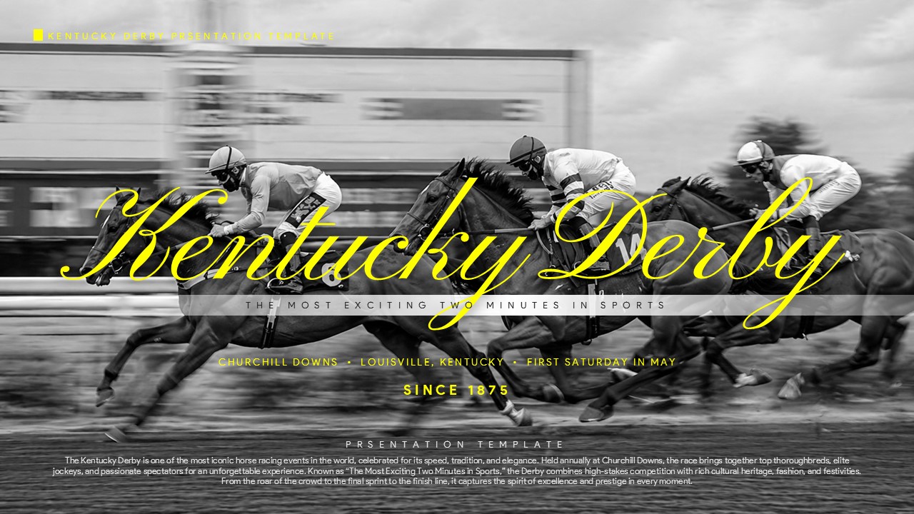 Kentucky Derby Google Slides Template - Title slide with dramatic horse racing photo and elegant yellow typography