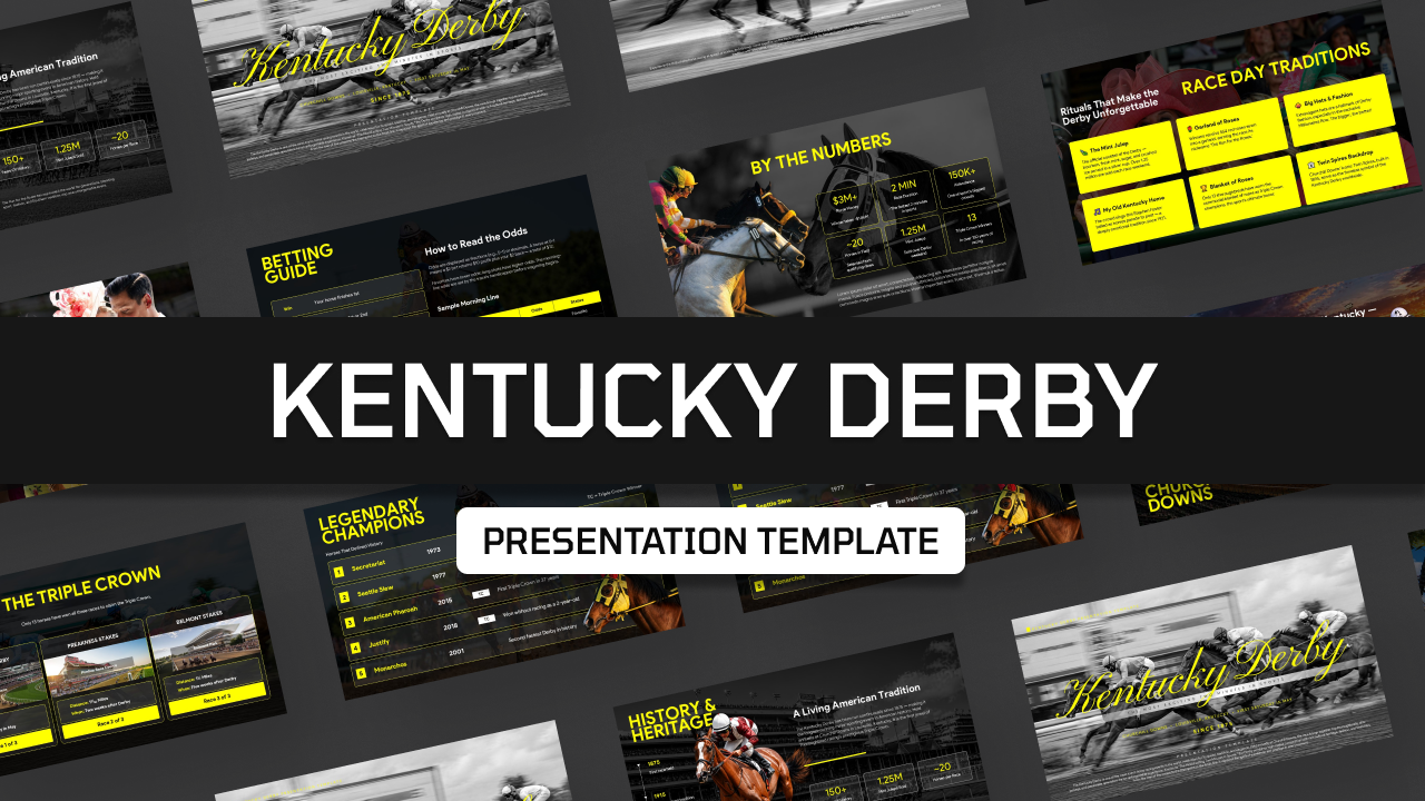 Kentucky Derby Template - Professional presentation showcase with multiple slide previews in signature yellow colors