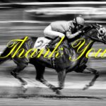Kentucky Derby Thank You Template - Closing slide with elegant yellow typography and horse racing motion blur