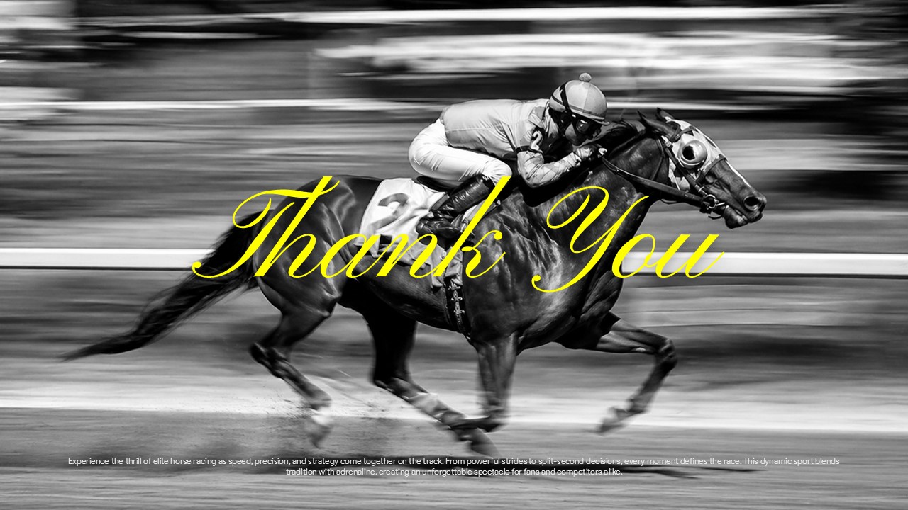 Kentucky Derby Thank You Template - Closing slide with elegant yellow typography and horse racing motion blur