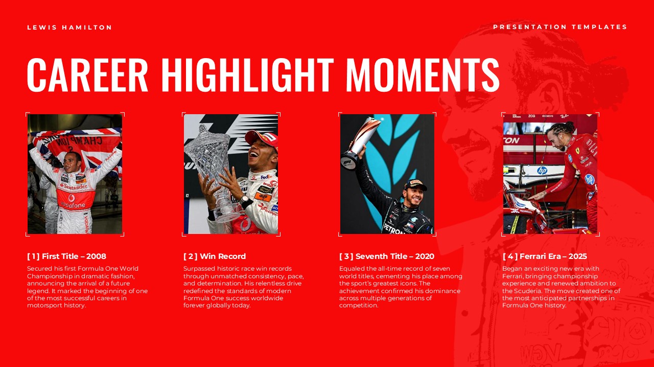 Lewis Hamilton Template - Timeline slide with four milestone images on red background showing career highlights 2008-2025
