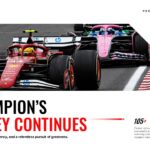 Lewis Hamilton Template - Legacy slide with Ferrari F1 racing action shot and champion's journey text with statistics