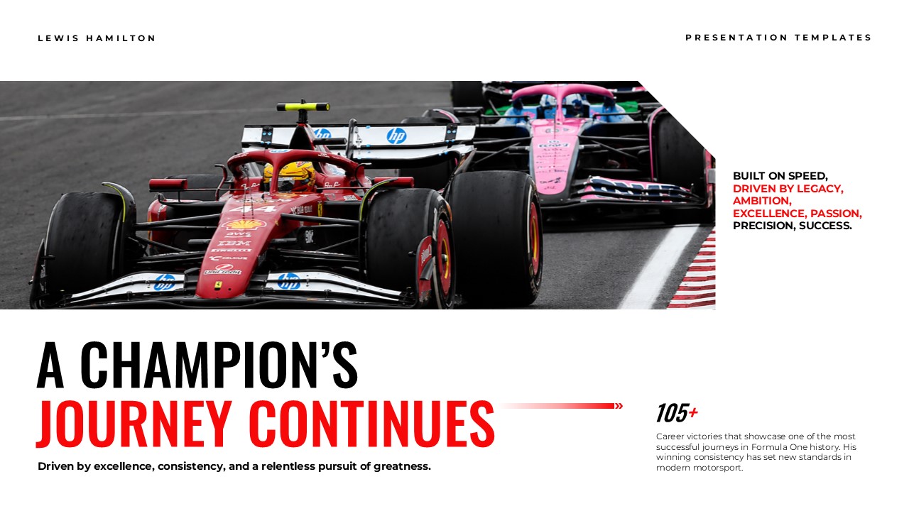 Lewis Hamilton Template - Legacy slide with Ferrari F1 racing action shot and champion's journey text with statistics