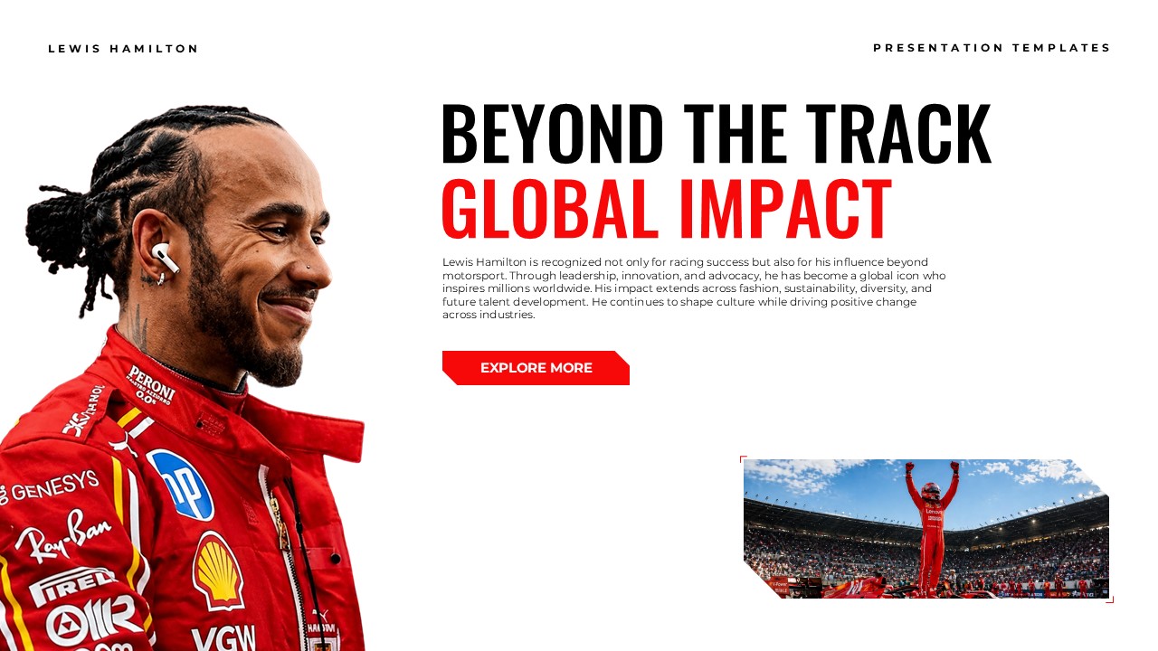Lewis Hamilton Template - Impact slide with Hamilton portrait, global influence text blocks, and fan celebration image