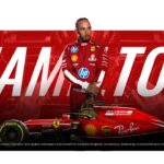Lewis Hamilton Template - Main title slide with Ferrari F1 car, Hamilton in racing gear, red diagonal design element