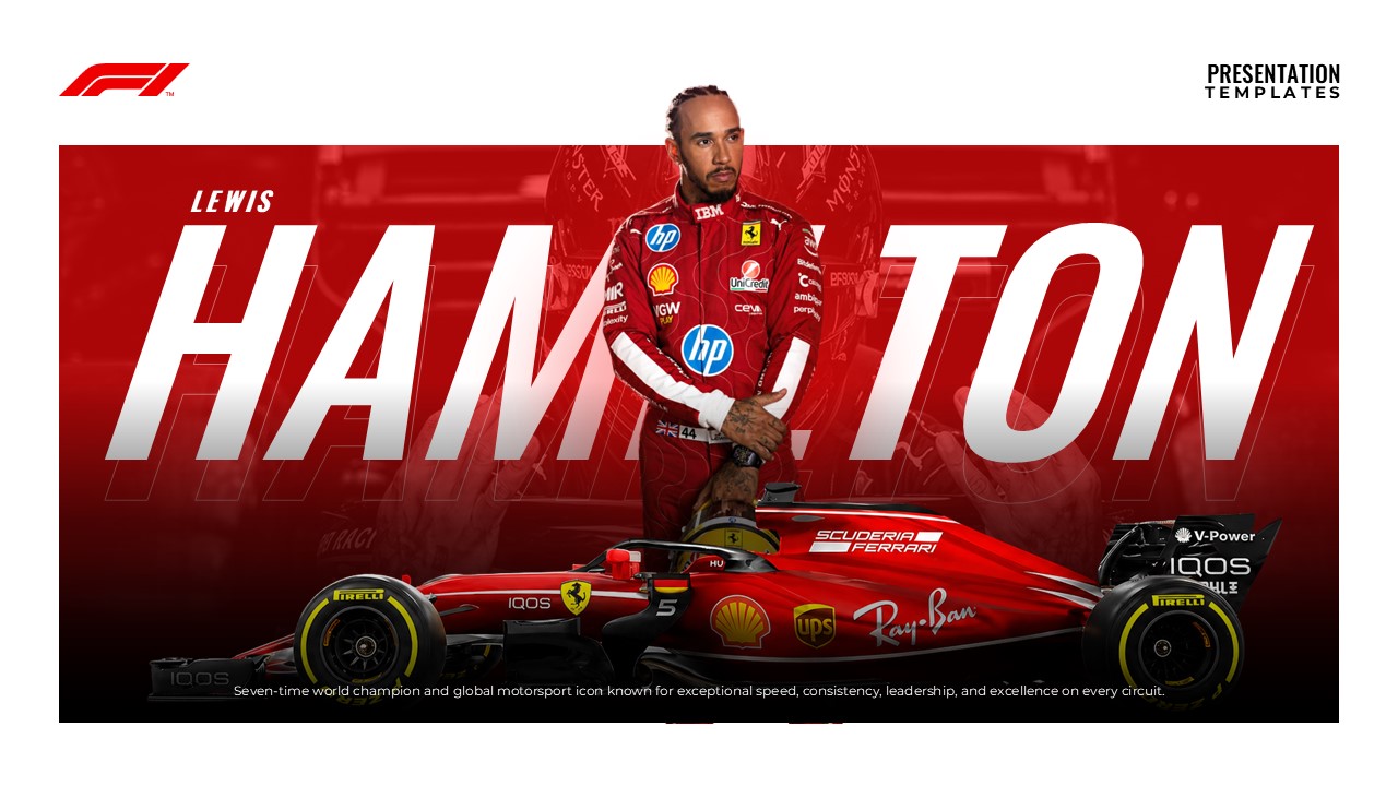 Lewis Hamilton Template - Main title slide with Ferrari F1 car, Hamilton in racing gear, red diagonal design element