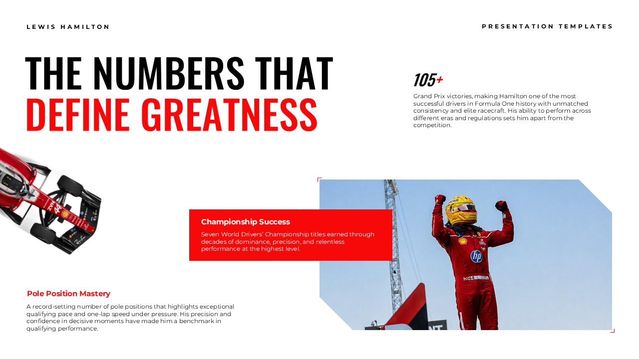 Lewis Hamilton Template - Achievement slide with 105+ victories statistic, championship text blocks, and celebration image