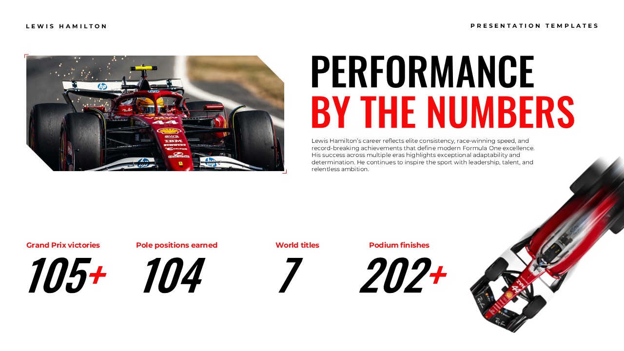 Lewis Hamilton Template - Statistics slide with Ferrari F1 car image and four key performance numbers with descriptions