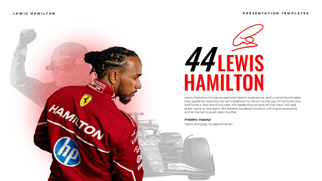 Lewis Hamilton Template - Introduction slide with number 44, victory pose, gradient background, and team principal quote