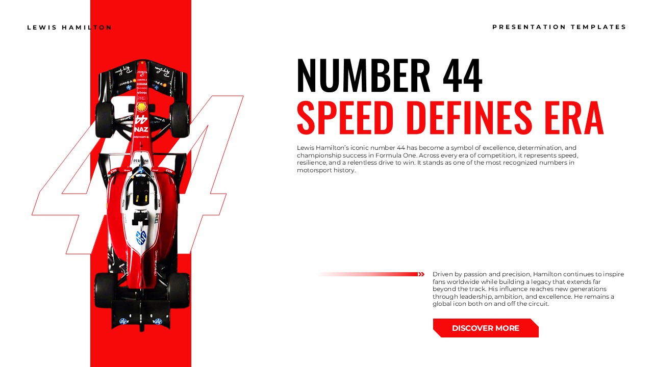 Lewis Hamilton Template - Racing slide with top-down Ferrari F1 car view, number 44 elements on red background