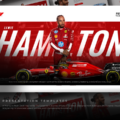 Plantilla de Lewis Hamilton: Diapositiva de portada con coche de Fórmula 1 de Ferrari, banner diagonal rojo, texto de Hamilton y montaje de vista previa de la diapositiva.