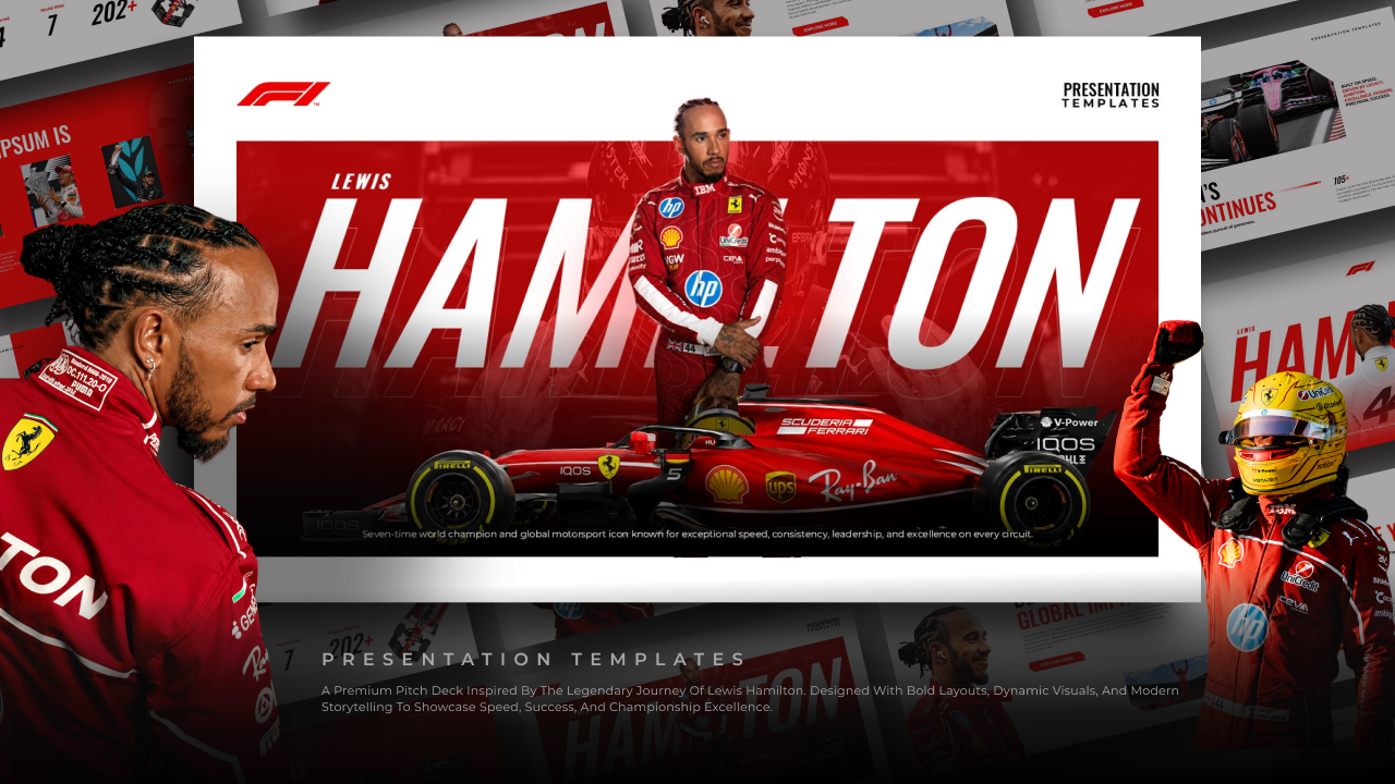 Lewis Hamilton Template - Cover slide with Ferrari F1 car, red diagonal banner, Hamilton text, and slide preview montage