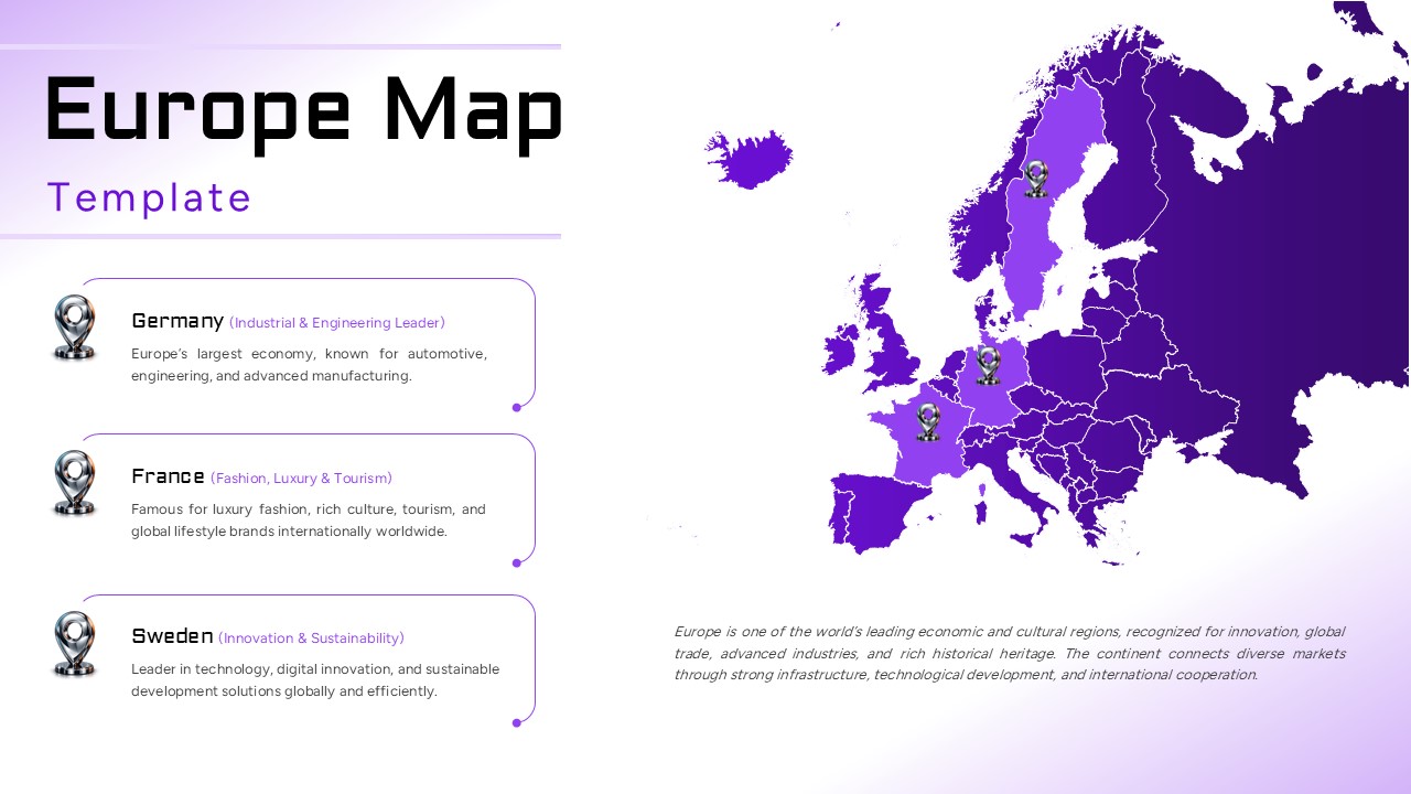Europe Map Template - Main slide to highlight specific European countries with detailed information boxes and map