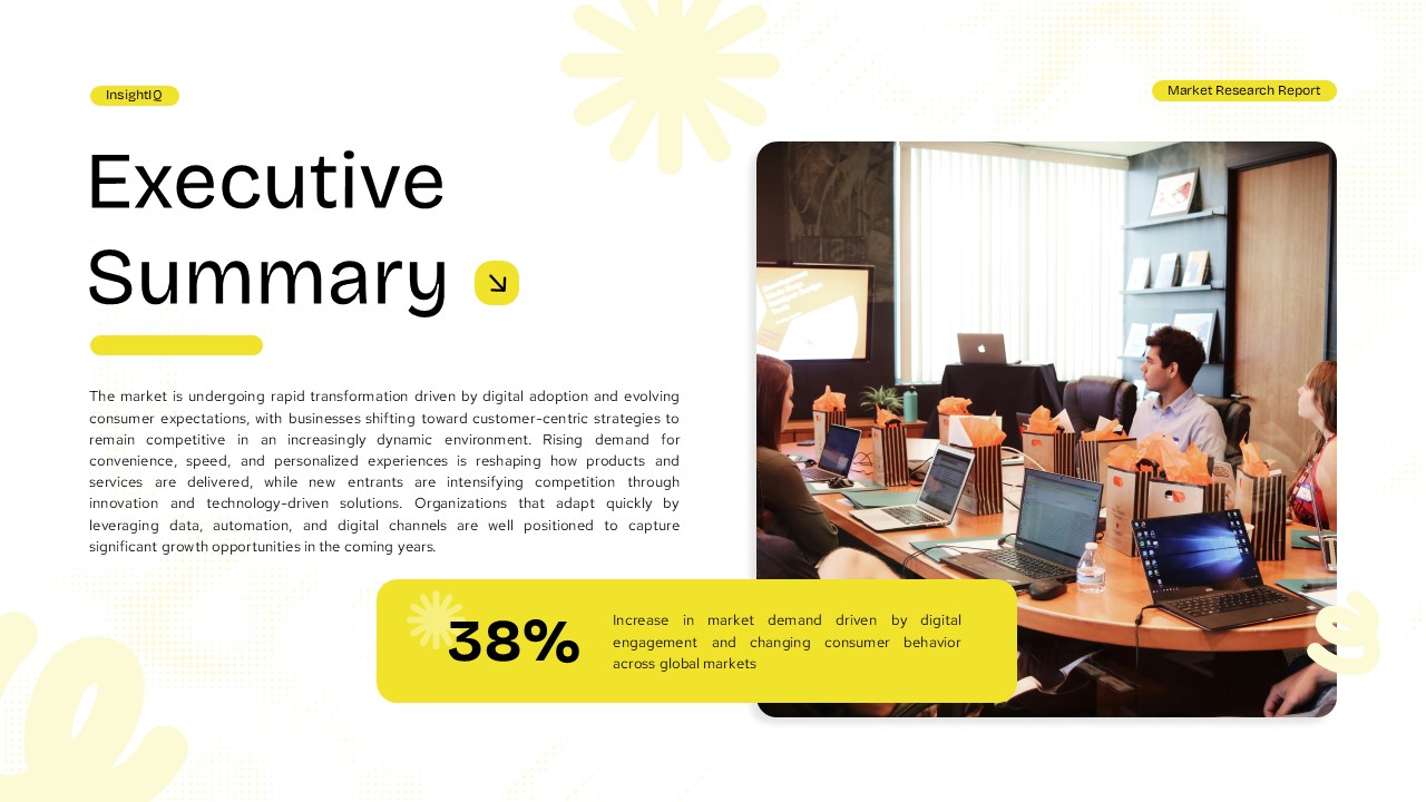 Market Research Report Template executive summary slide to present key findings and statistics to leadership