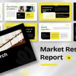 Market Research Report Template overview showing 11 professional slides with yellow accents for business presentations