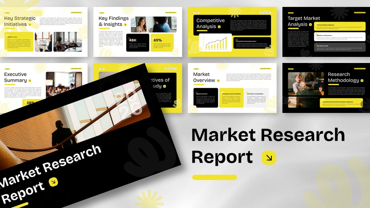 Market Research Report Template overview showing 11 professional slides with yellow accents for business presentations