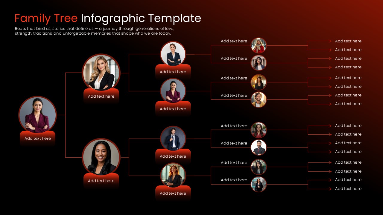 Family Tree Template - Dark burgundy infographic with circular photo placeholders and genealogy chart layout