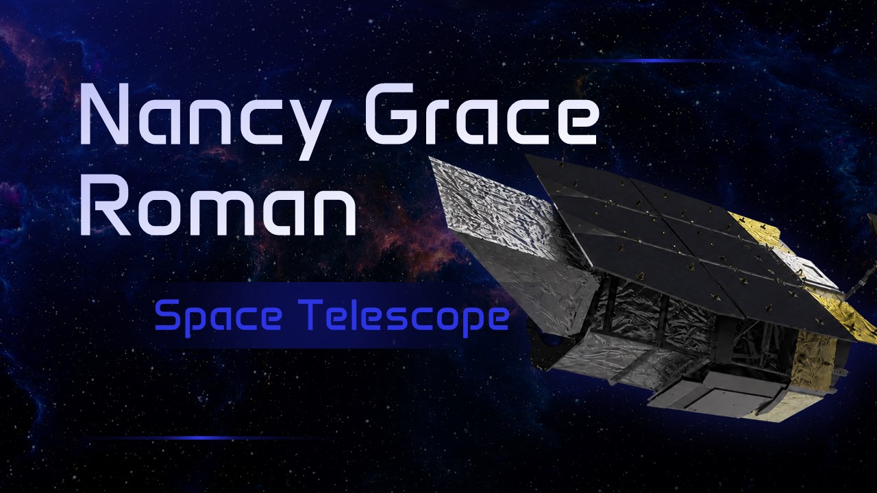 Nancy Grace Roman Space Telescope - Elegant title slide with telescope silhouette against deep space nebula backdrop