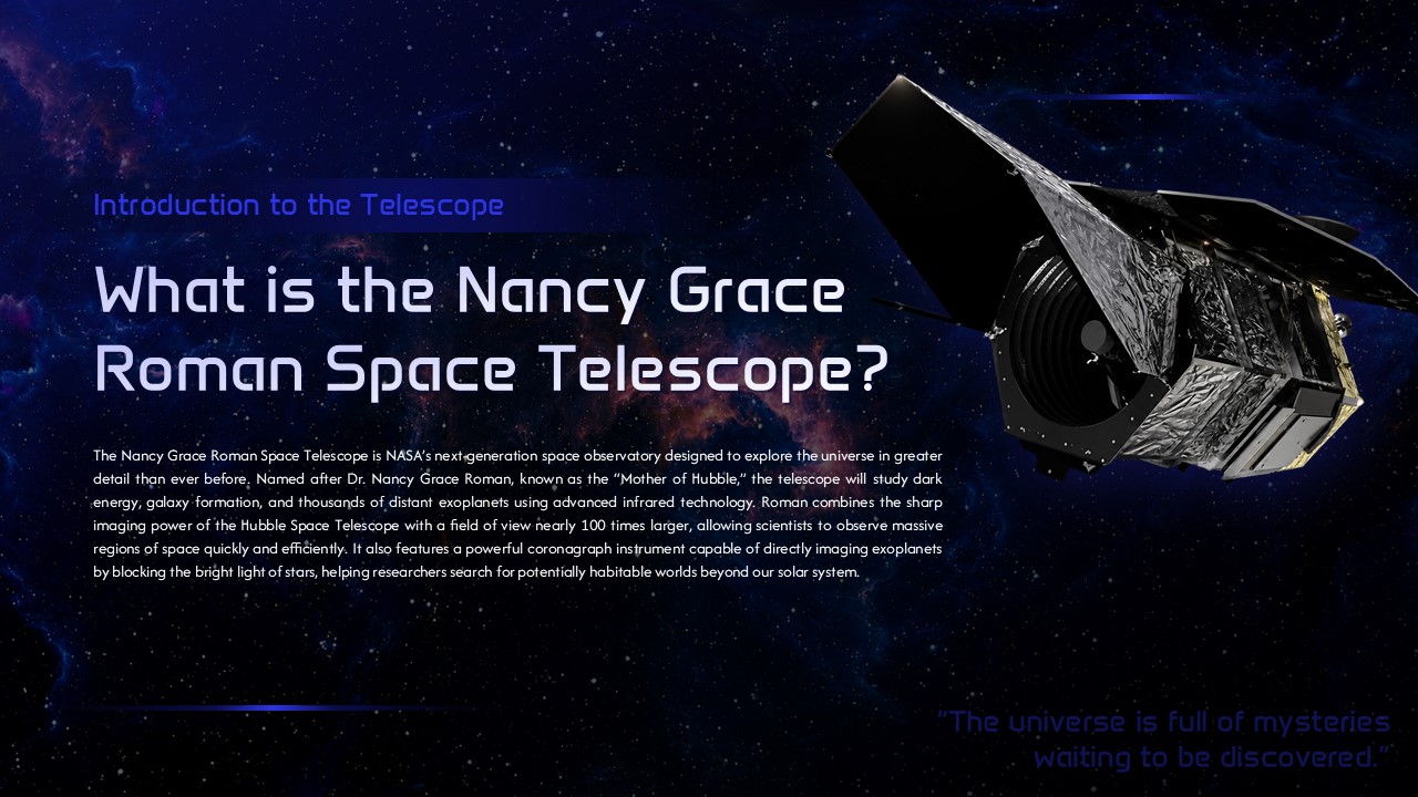 Nancy Grace Roman Telescope Introduction - Content flows from descriptive text to detailed telescope imagery on cosmic canvas