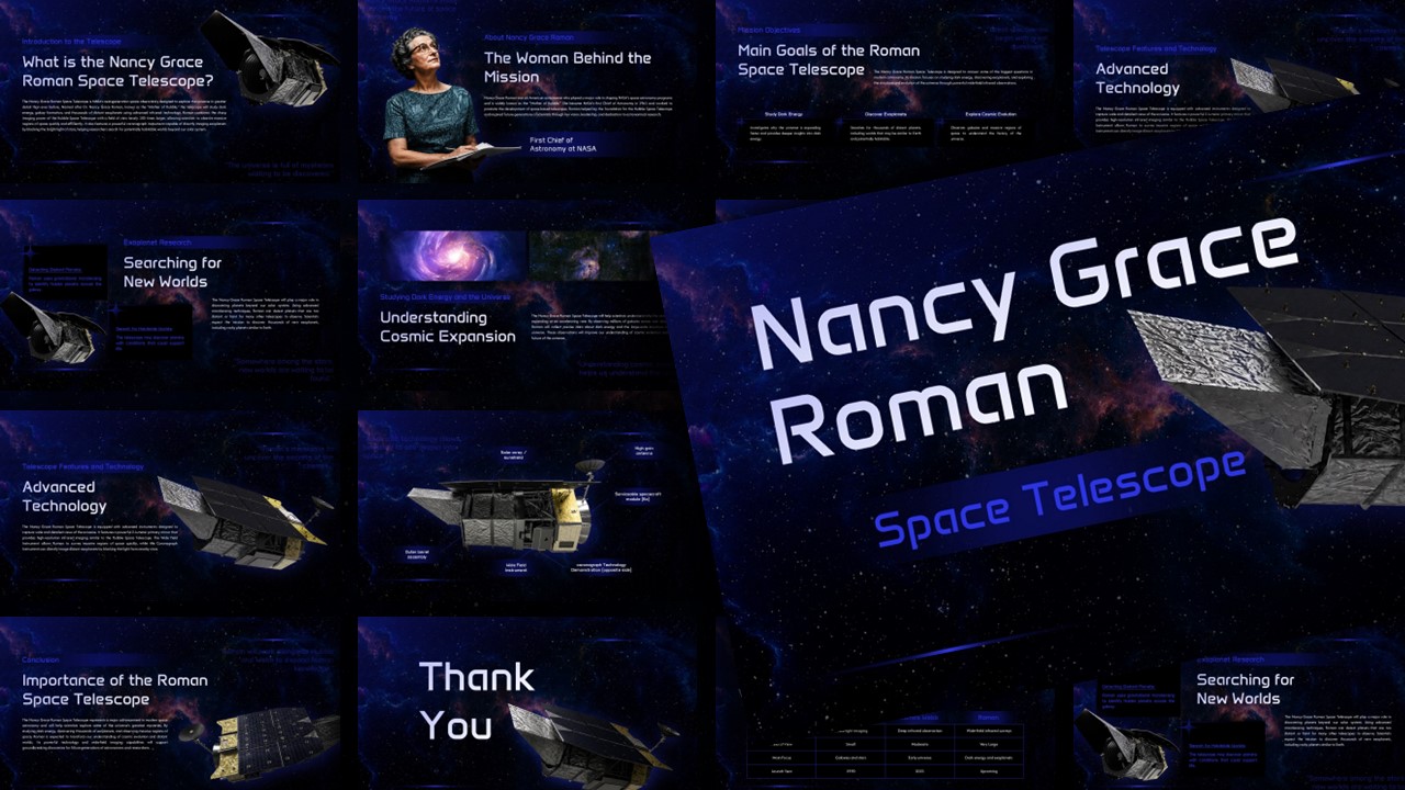 Nancy Grace Roman Space Telescope Template - Grid showcase revealing 12 slides exploring space mission from introduction to conclusion