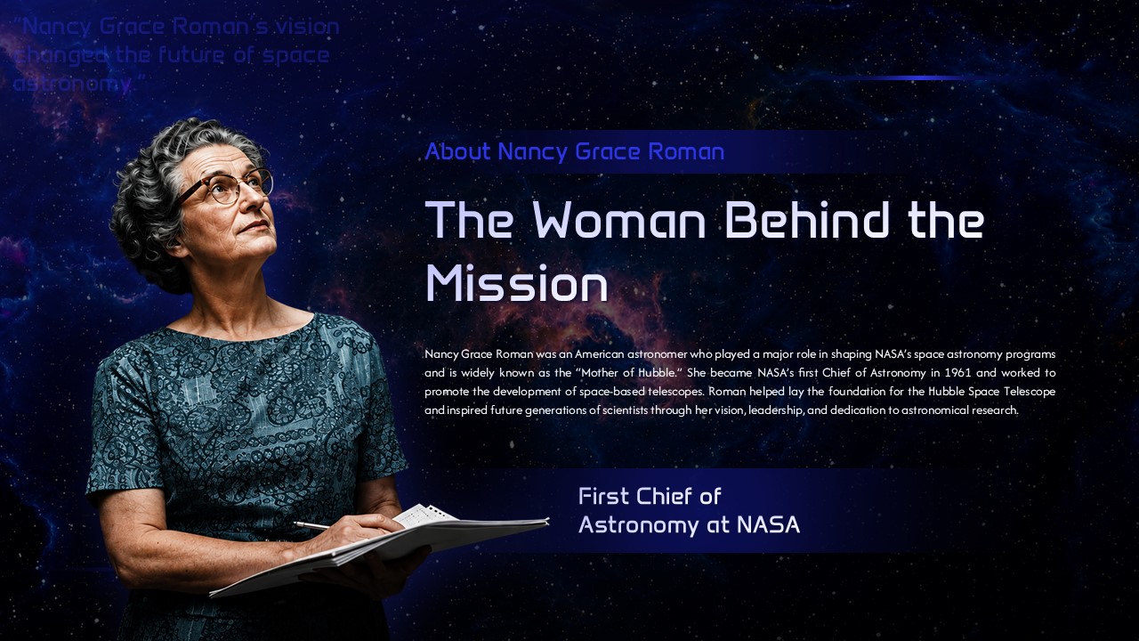 Nancy Grace Roman Biography - Portrait of pioneering astronomer alongside her groundbreaking NASA achievements story