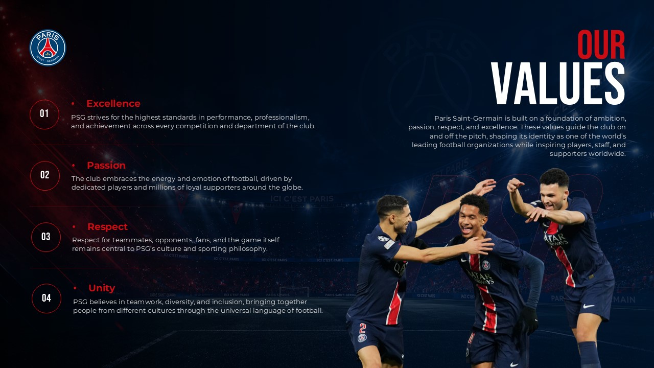 PSG Values Template - Four core values with team celebration photo