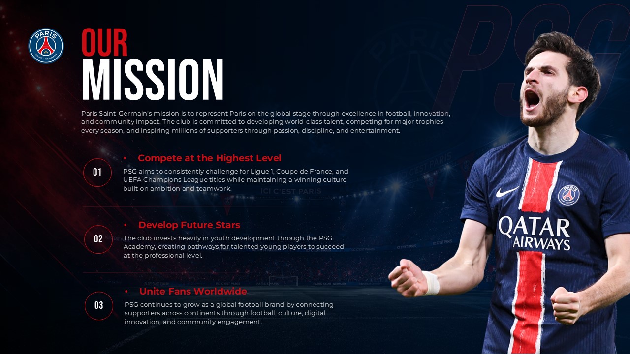PSG Mission Statement - Three core objectives with player image