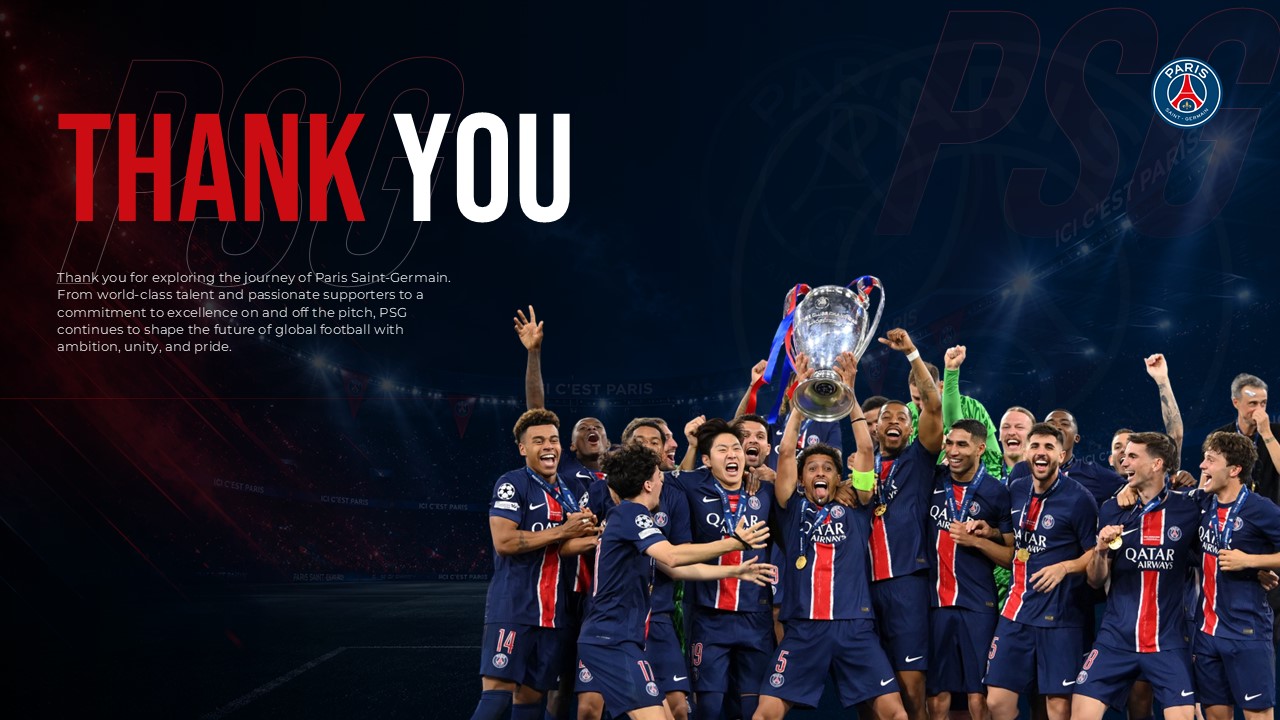 PSG Thank You - Closing slide with Champions League trophy celebration