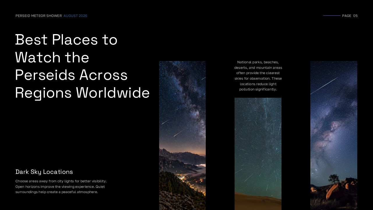 Perseid viewing locations template - dark sky recommendations with photos
