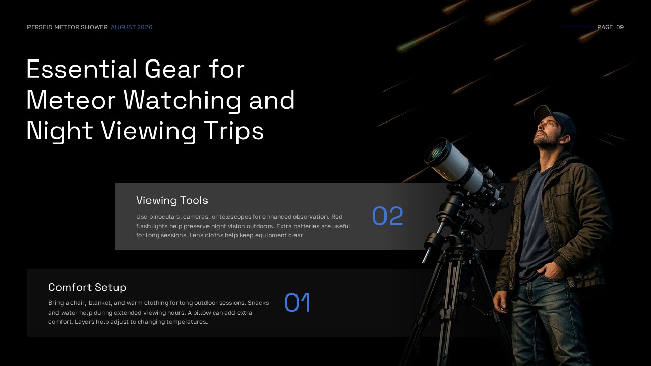 Meteor viewing gear template - equipment guide with telescope setup photo