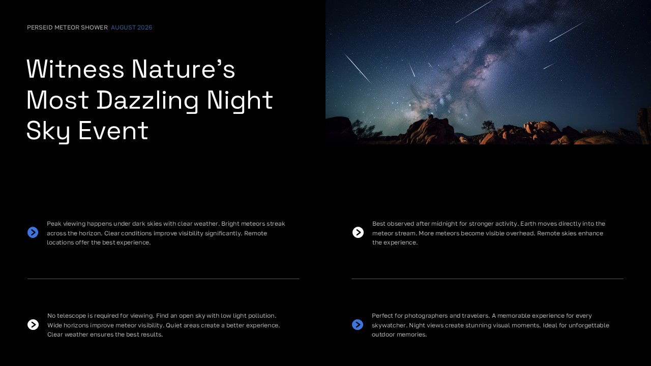 Meteor shower template - split layout with viewing tips and night sky photo