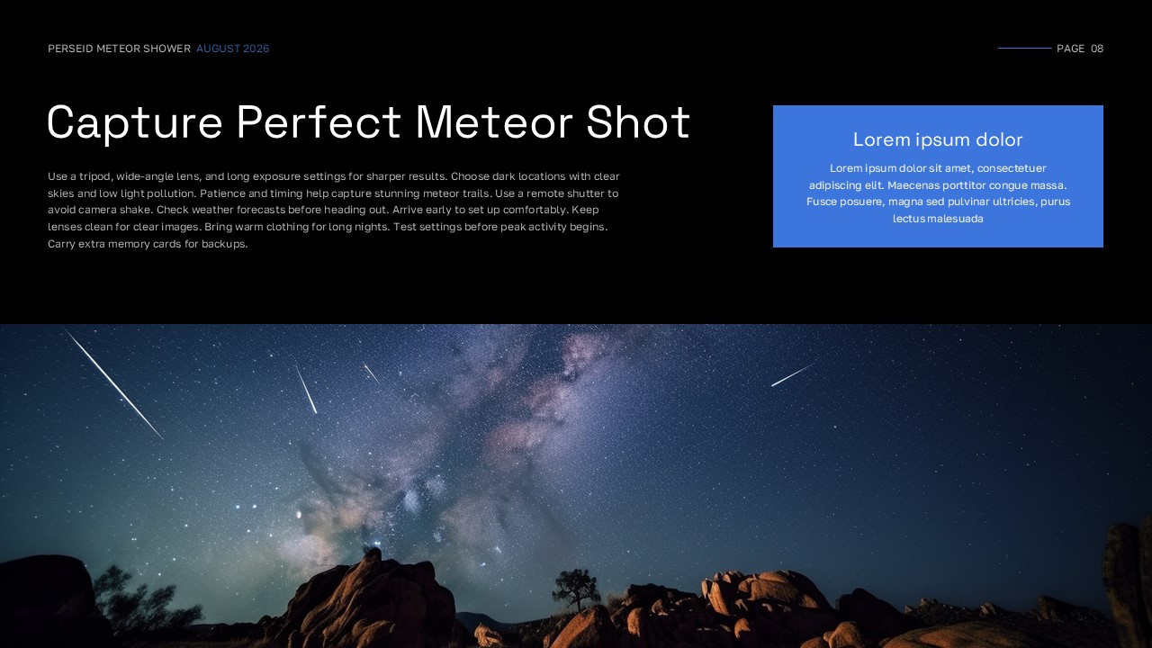 Meteor photography template - shooting tips with Milky Way landscape photo