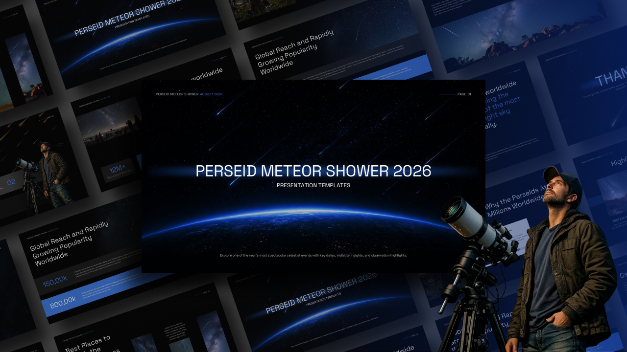 Perseid 2026 template overview - grid layout showing all presentation slides