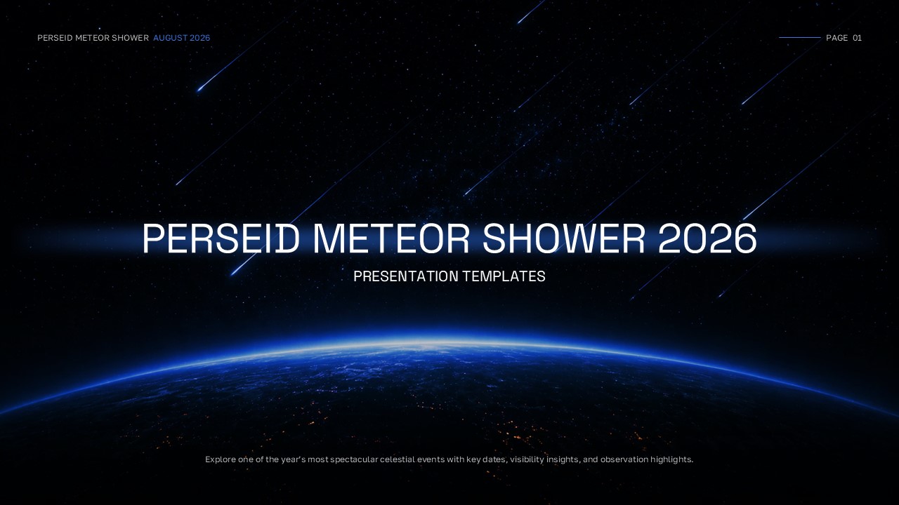 Perseid Meteor Shower 2026 template - title slide with Earth and meteors