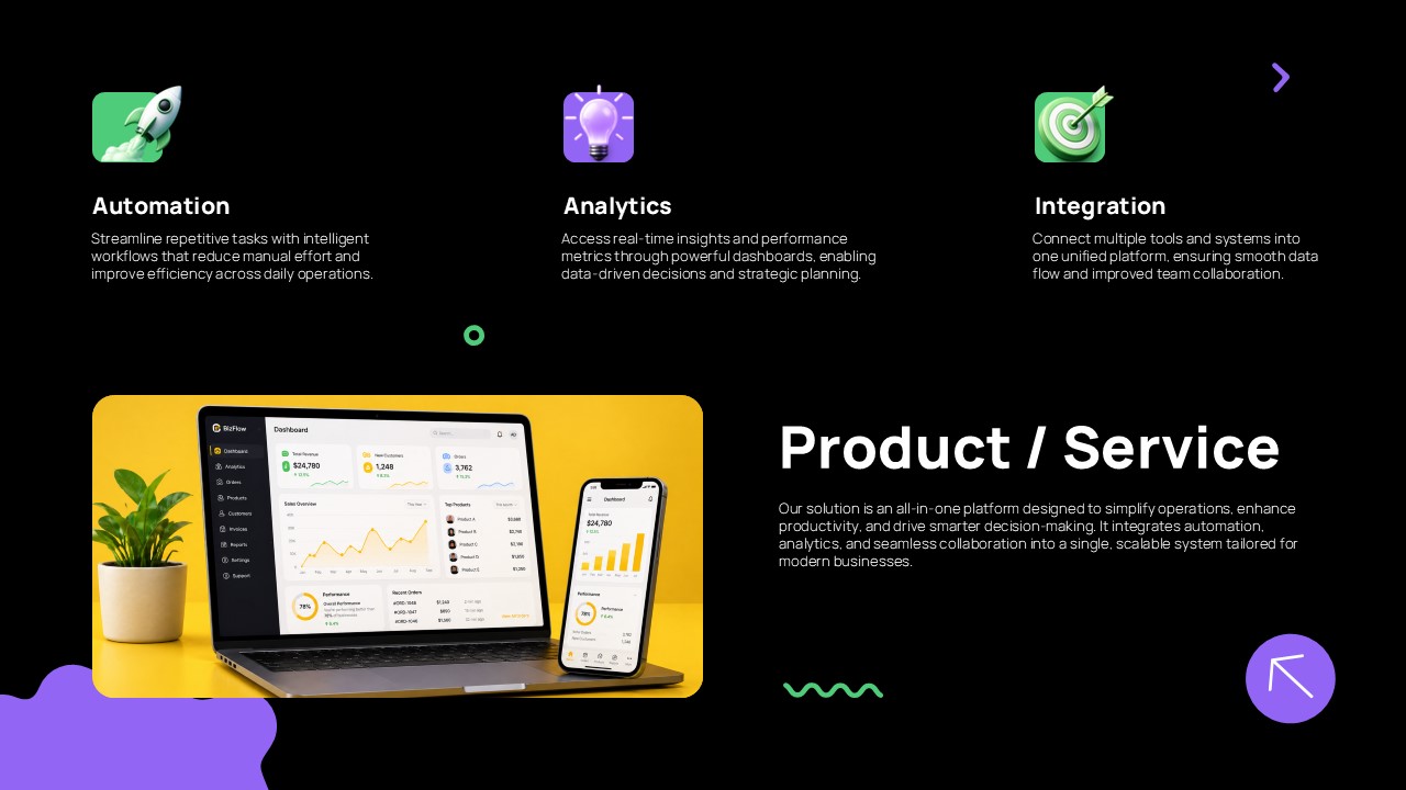 Pitchcraft Creative Deck Template - product service slide to showcase features and platform capabilities