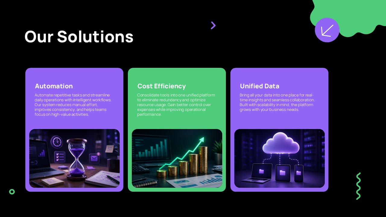 Pitchcraft Creative Deck Template - solutions overview slide to present key business solutions and approaches