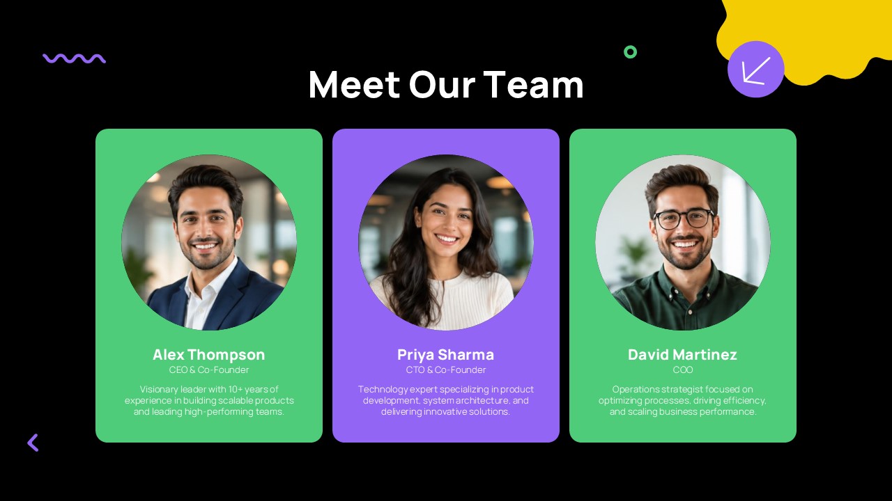Pitchcraft Creative Deck Template - team introduction slide to showcase leadership profiles and expertise