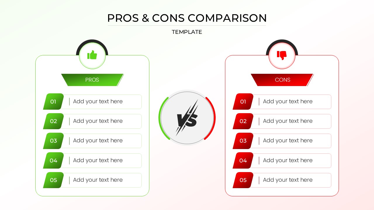Pros and Cons List Google Slides PowerPoint Template - Clean professional layout balances green pros against red cons sections