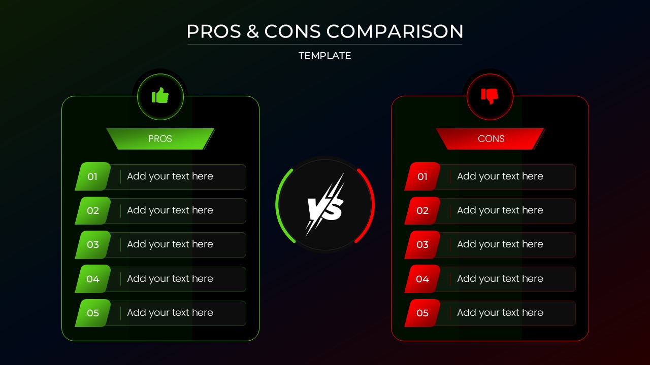 Pros and Cons List Template - Dark modern design splits advantages and disadvantages with striking VS lightning bolt separator