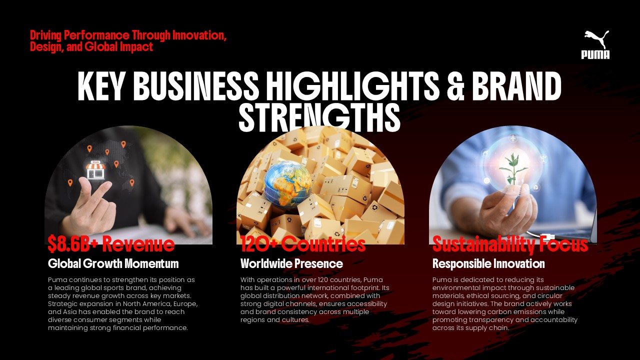 Puma Business Template - Key highlights slide with revenue metrics and global presence statistics