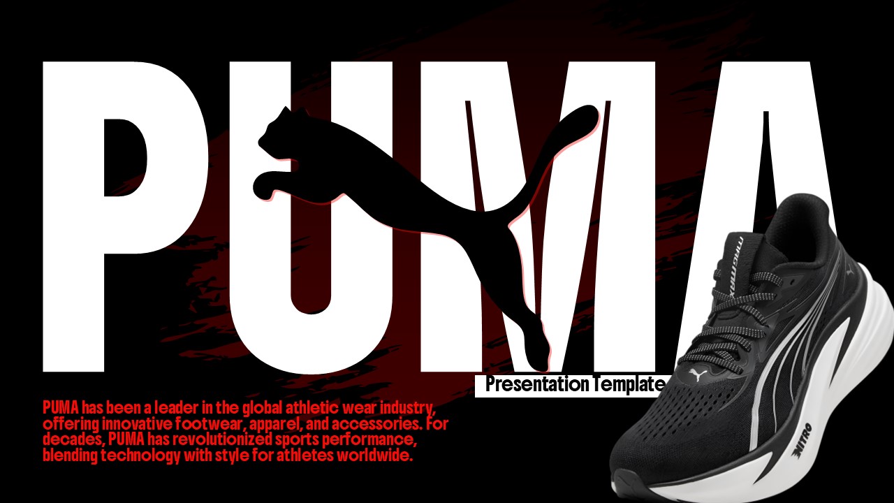 Puma Company Profile Google Slides Template - Introduction slide with PUMA logo and athletic shoe showcase