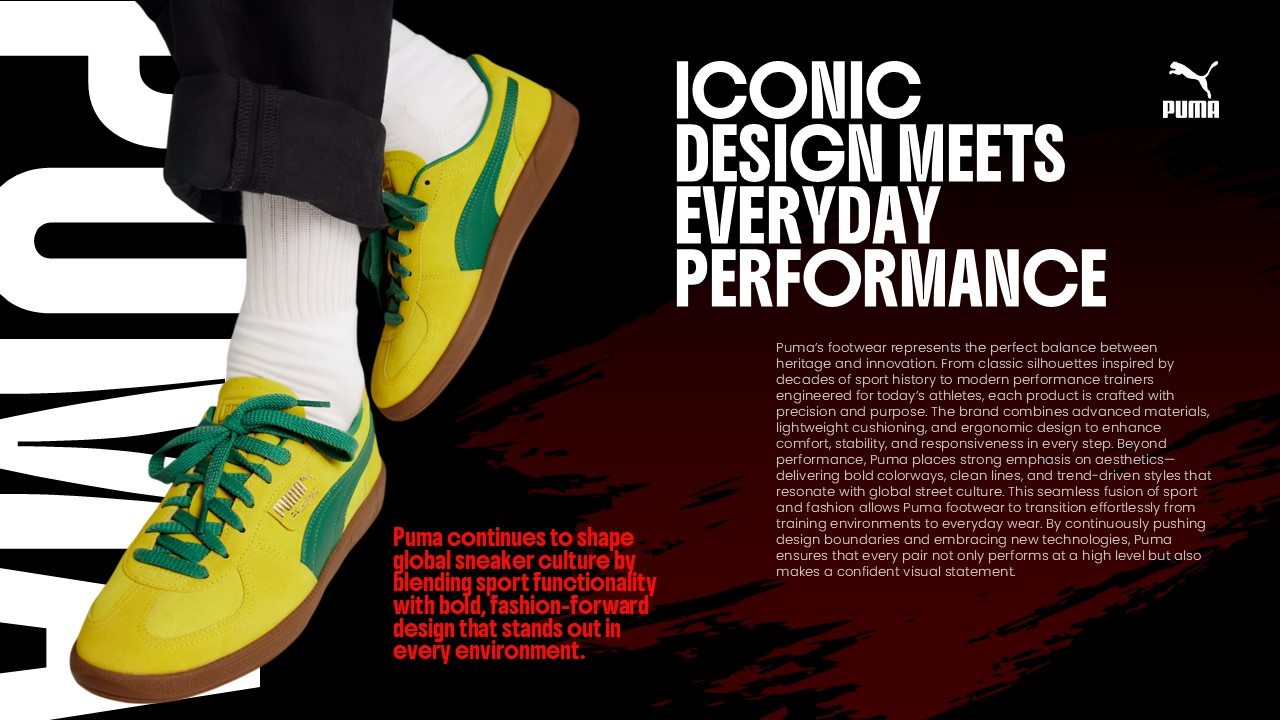 Puma Design Template - Iconic design slide showcasing colorful athletic shoes and innovation messaging