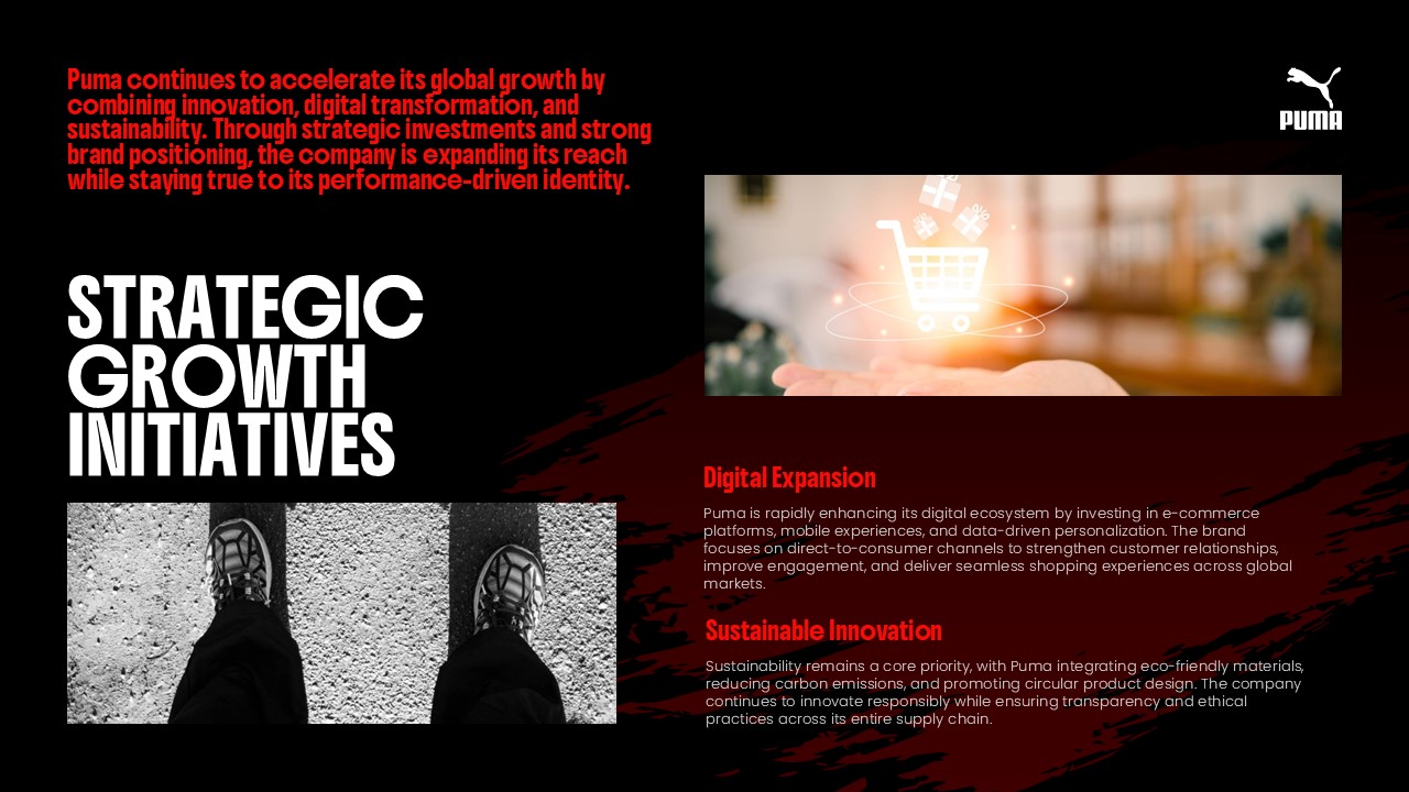 Puma Growth Template - Strategic initiatives slide featuring digital expansion and sustainability focus