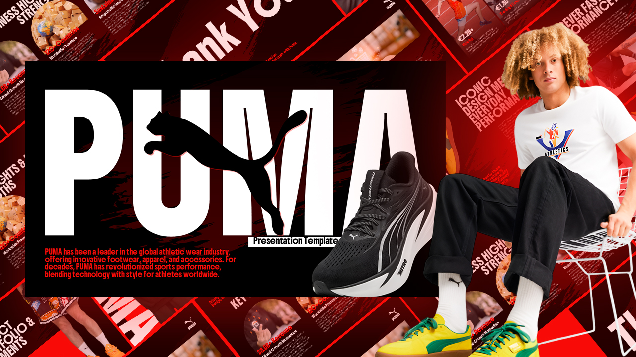 Puma Company Profile Template - Dynamic cover slide with bold black and red design featuring PUMA branding