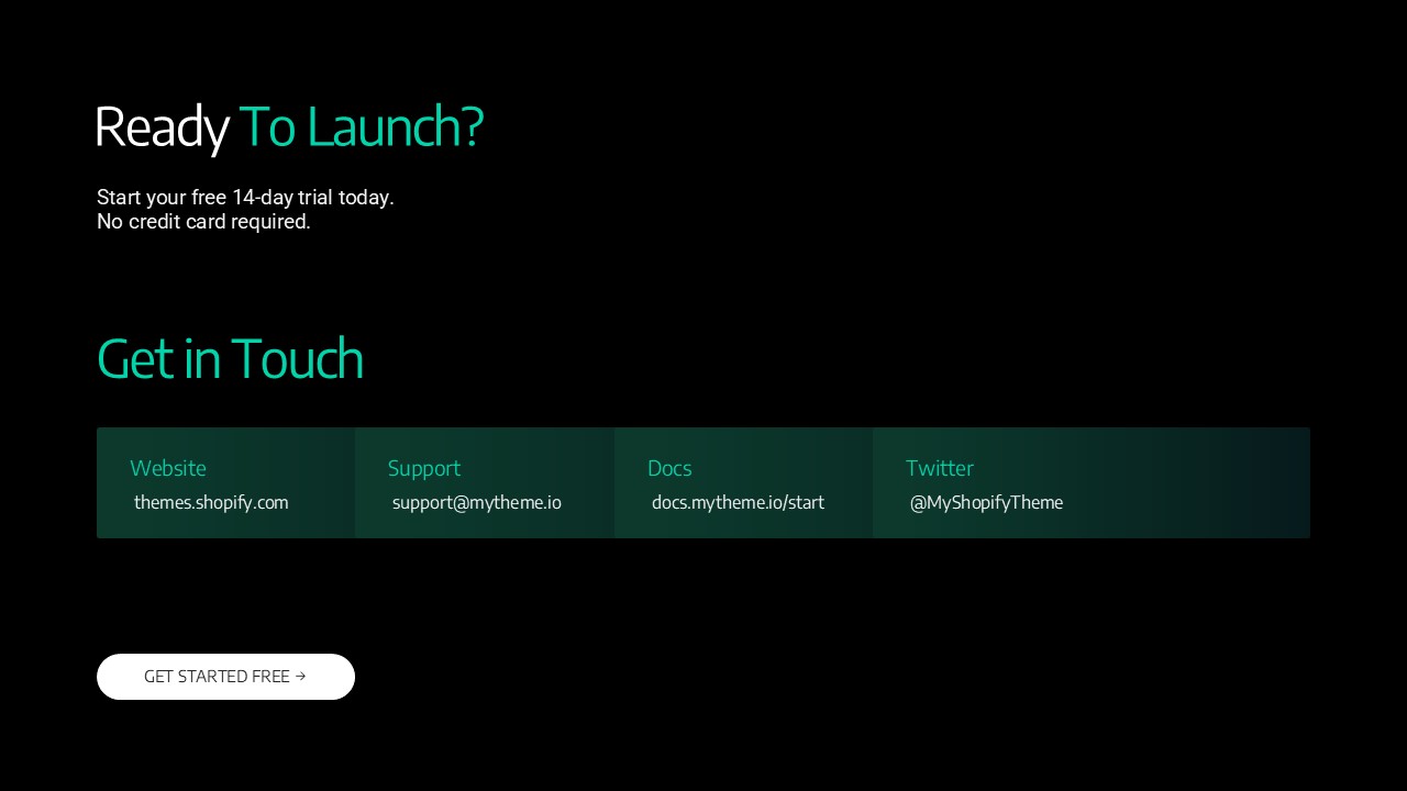 Shopify Theme Template - Call-to-action slide with free trial offer and contact information
