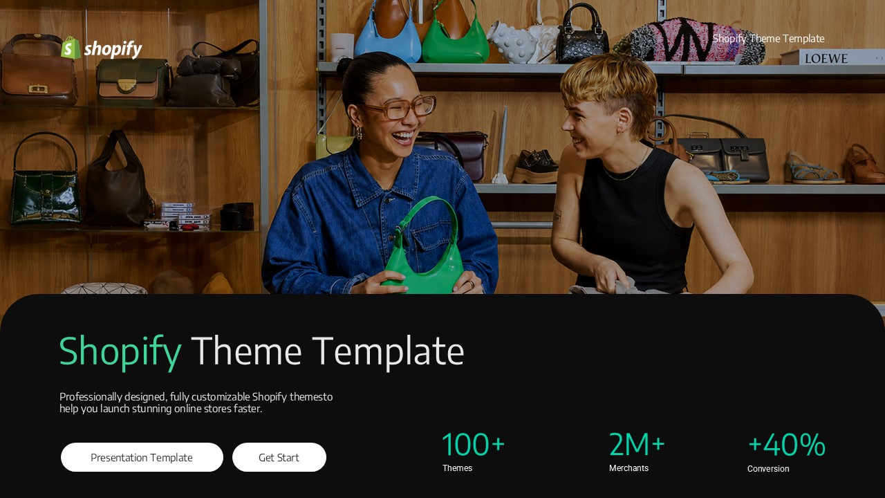 Shopify Theme Template - Main presentation slide with 3D overlapping layout and conversion statistics