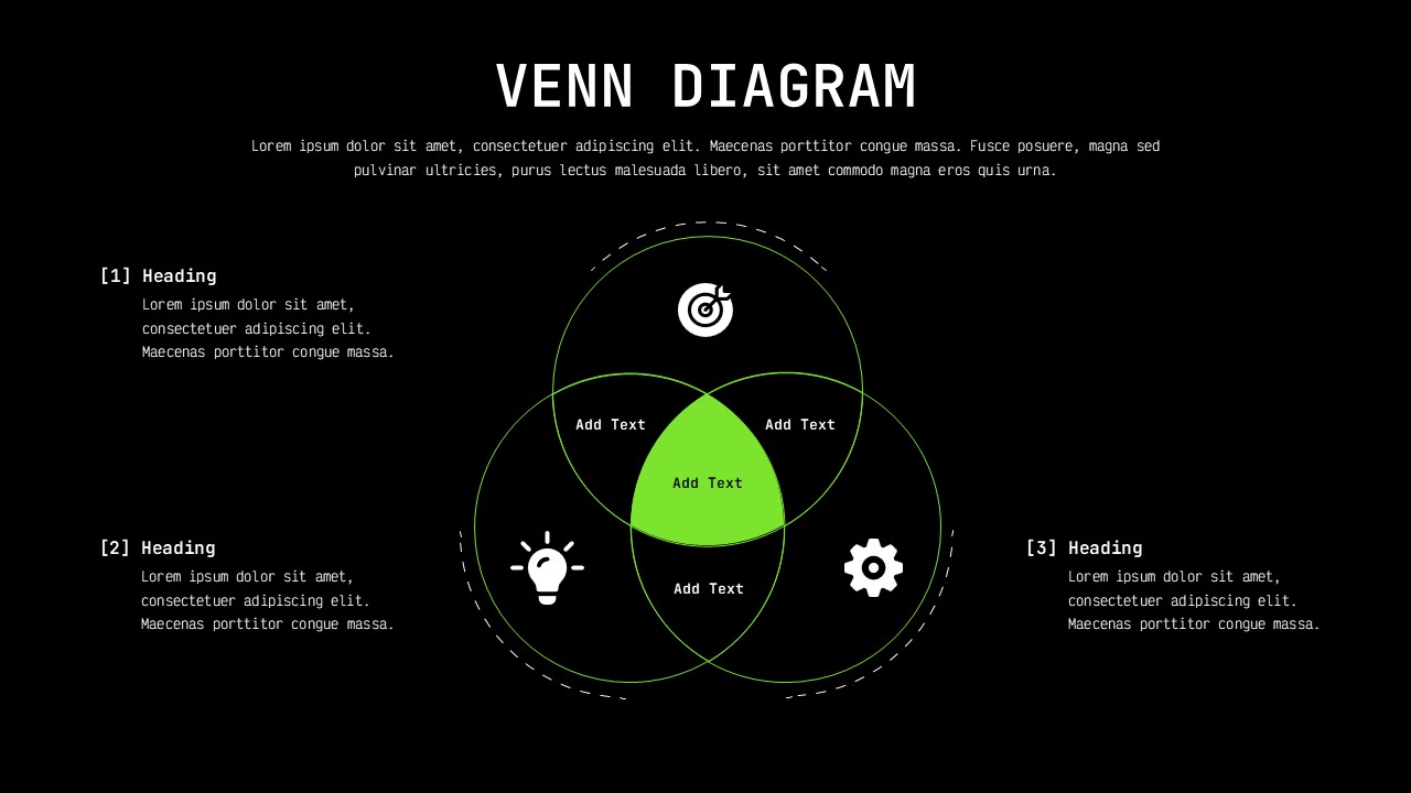 Venn Diagram PowerPoint Template - Sophisticated black design showcases three-way analysis with green accent intersections