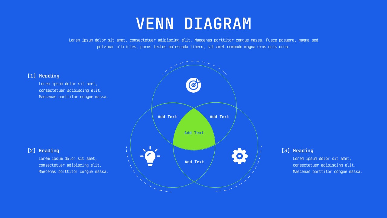 Venn Diagram Template - Three overlapping circles on vibrant blue background guide viewers through relationship mapping